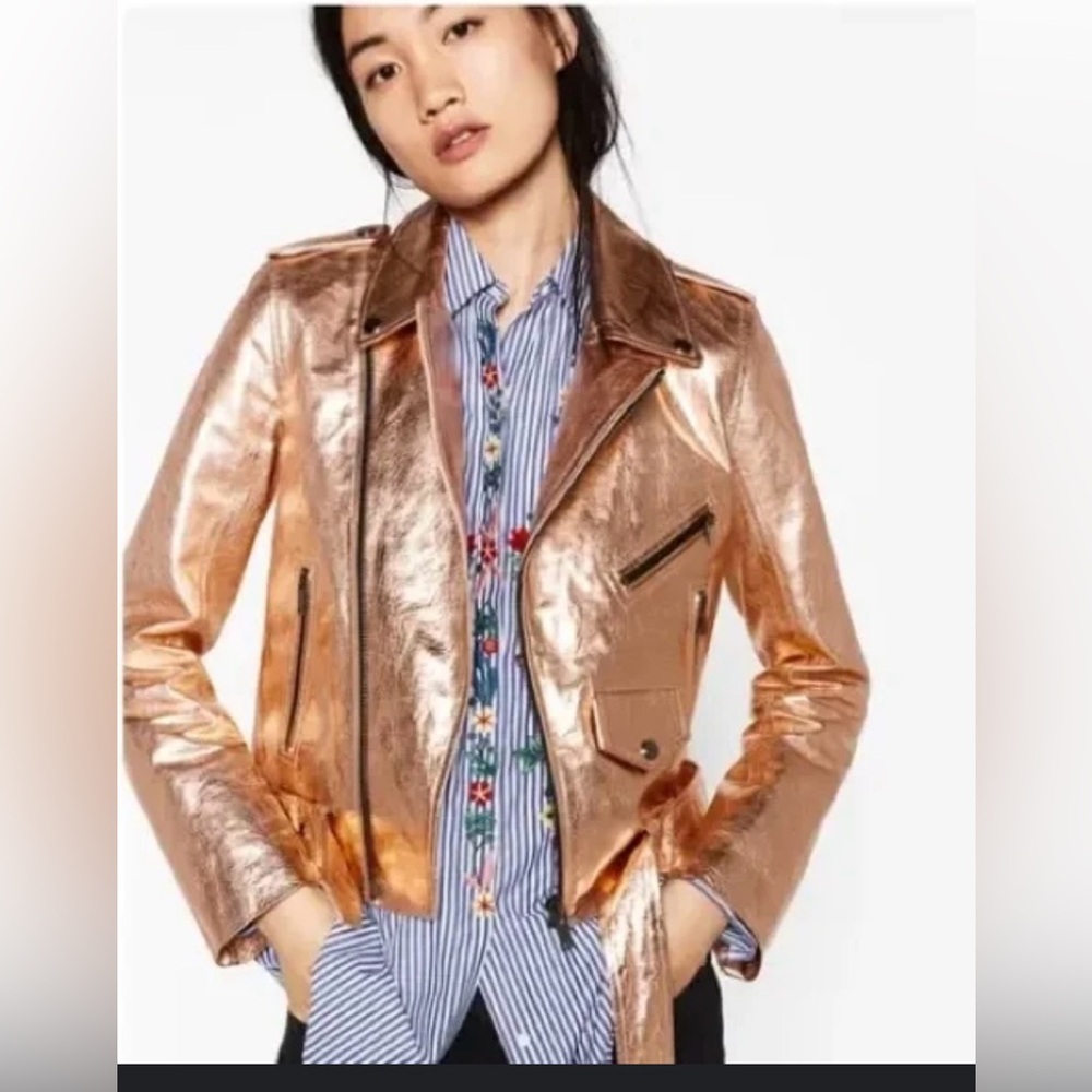 Zara Metallic Rose Gold Leather Moto Jacket XL
